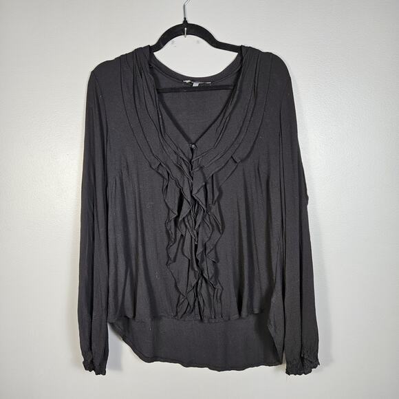 Matty M Long Sleeve Shirt Ruffle Front Button Up Black Semi Sheer Size Large - Picture 1 of 8